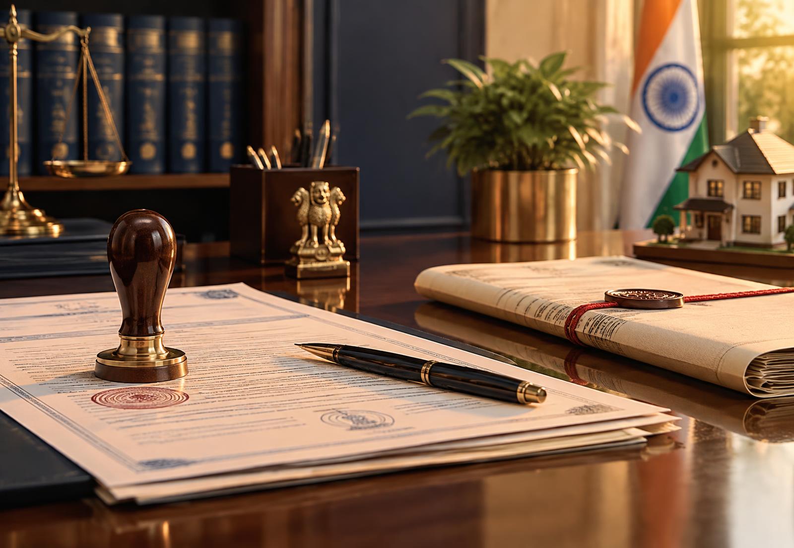 Property registry documents, official stamp and pen at a legal documentation office in Indore